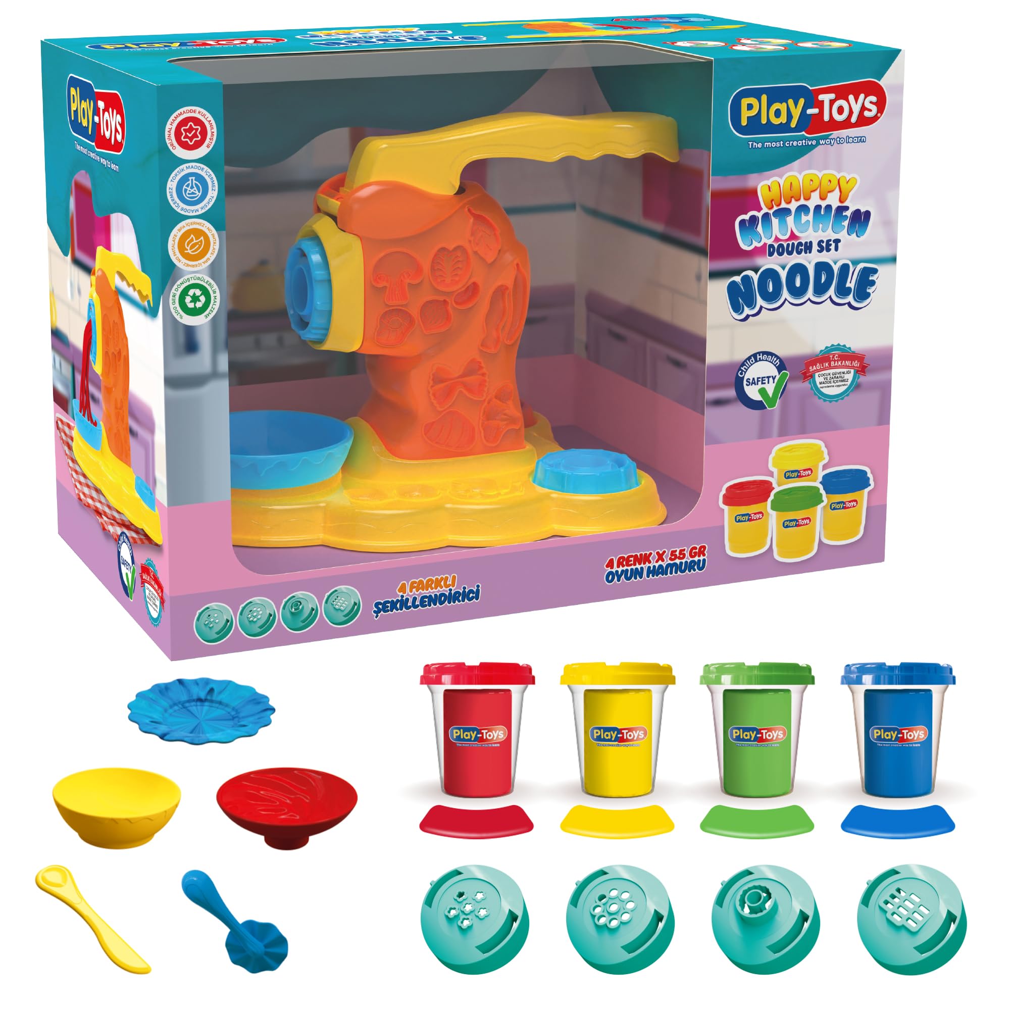 Play Toys Happy Kitchen Noodle & Pasta Maker Playset – Includes 4 x 55g Dough Tubs, Machine with 4 Interchangeable Discs & Dining Accessories – Creative Role-Play Toy for Kids 3+