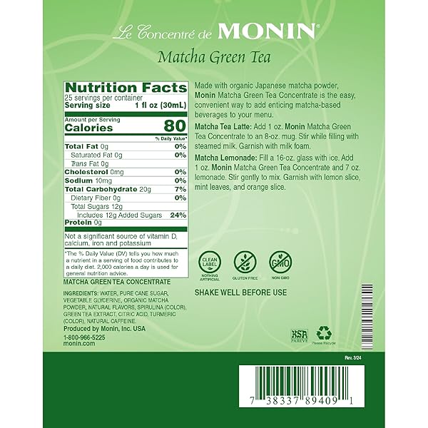 MONIN – MATCHA GREEN TEA CONCENTRATE, ORGANIC JAPANESE MATCHA, 40MG CAFFEINE, GREAT FOR LATTES, LEMONADES & DESSERTS, NON-GMO, GLUTEN-FREE (GLASS, 750 ML)