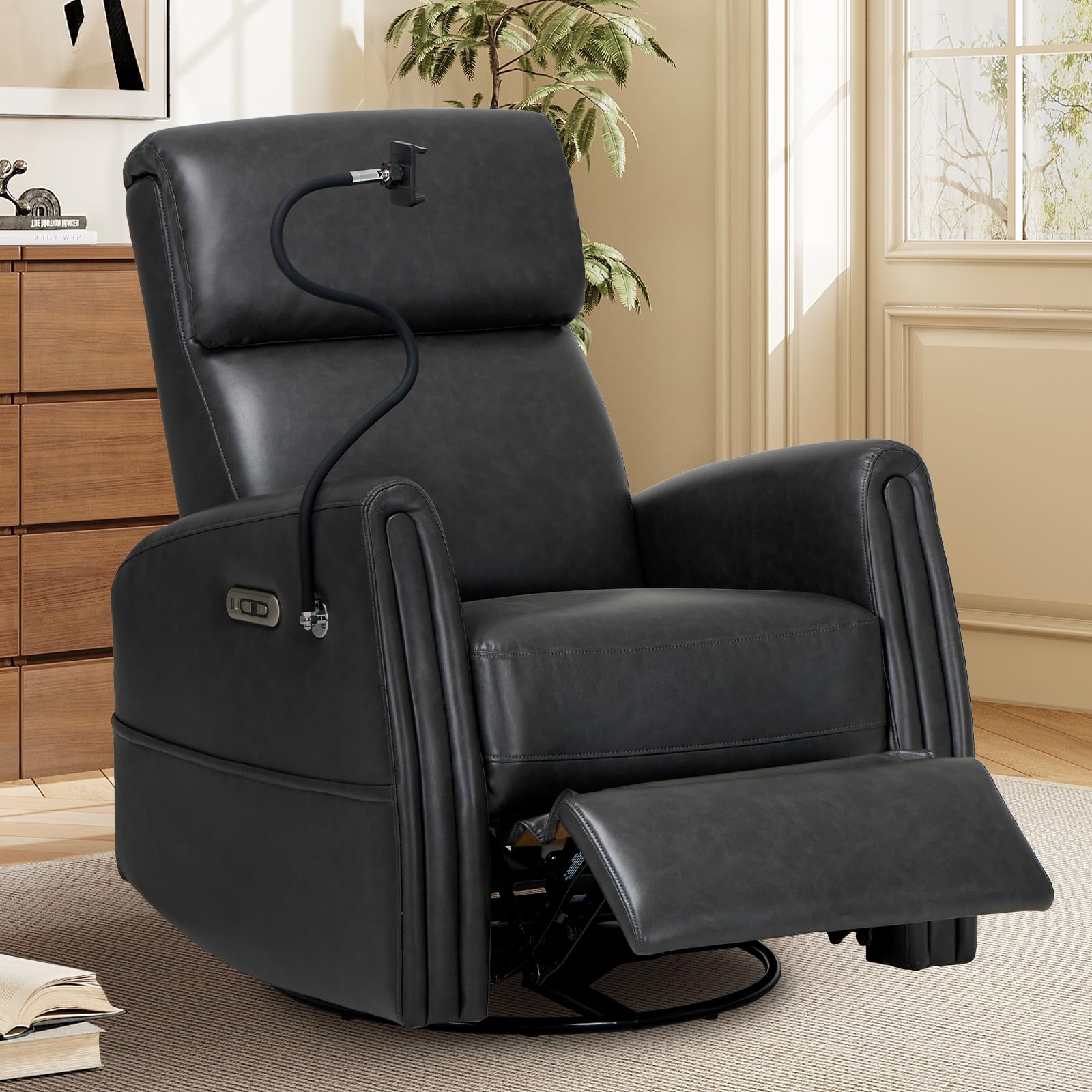 Photo 1 of COLAMY Electric Power Swivel Recliner Chair, PU Leather Rocking Chair, 270° Swivel 145° Recliner Chair with Built-in Charging Ports for Living Room, Home, Charcoal