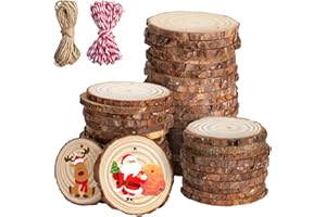 Fohil 50 Pcs Natural Wood Slices, 2.4"-3.2" Wood Circles Predrilled with Hole, Unfinished Wood Round Kit for DIY Art Crafts C