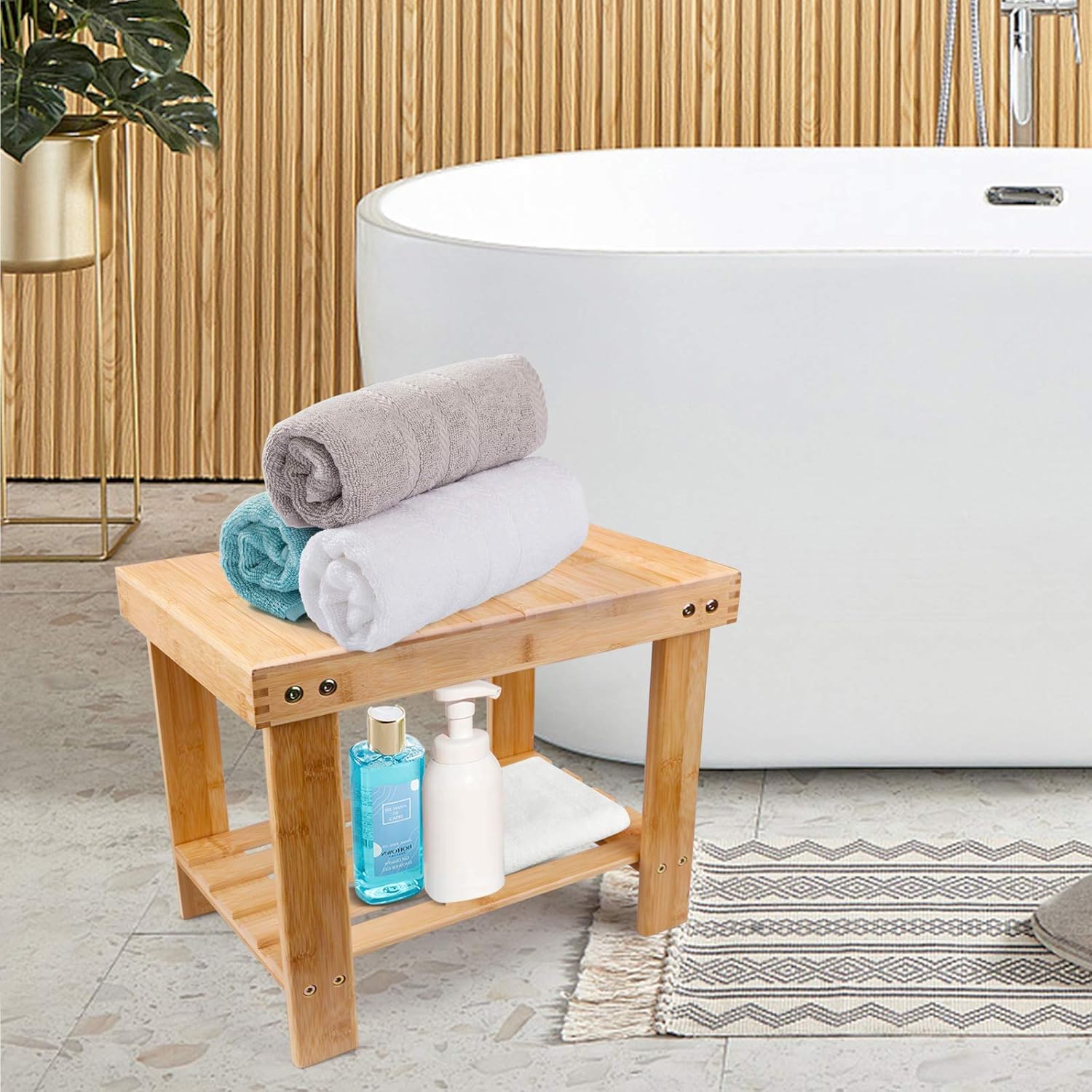 YUHUAWYH Bamboo Shower Bench Little Shower Seat Corner Shower Stool for Shaving Legs Small Shoe Bench Foot Rest Step Stool Natural: Kitchen & Dining