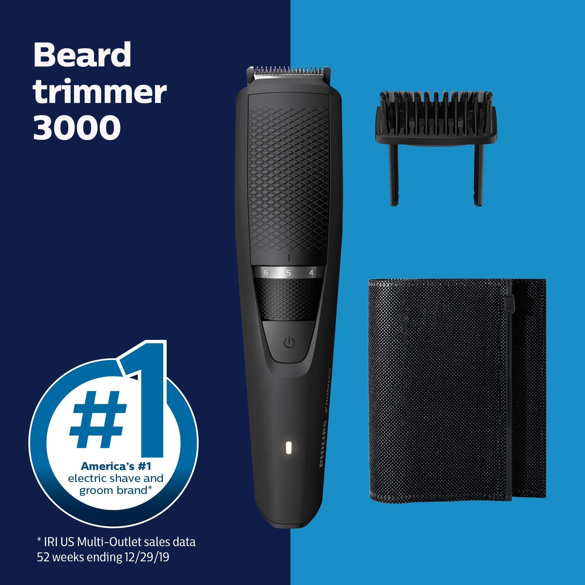 Norelco Philips Beard Trimmer Series 3000 - Cordless Grooming & Hair Clipper, Rechargeable, Adjustable Length, Beard Trimmer and Hair Clipper - No Blade Oil Needed - BT3230/41