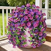 INQCMY Artificial Flowers Outdoor Spring Decor Faux Silk Morning Glory Fake Hanging Flowers 2pcs, UV Resistant Look Real for Home Porch Lawn Garden