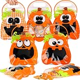 HOIIOH 60 Pack Halloween Pumpkin Treat Bags with Handles &amp; Zipper | 10.6 x 7.9 x 2.3 Inch Orange Jack-o'-Lantern Candy Bags, Bulk Trick or Treat Goody Favor Bags for Kids Party Supplies