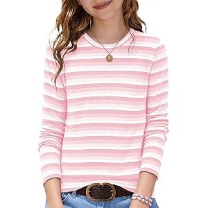 Girls Long Sleeve Shirts Kids Crewneck 2026 Fall Striped Tops 5-16 Years | Girls Long Sleeve Shirts Ribbed Knit Slim Fit Spri