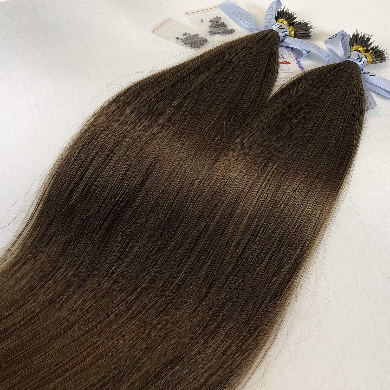 GOOFIT Nano Tip Hair Extensions Nano Beads Human Hair Remy Hair Nano Ring - 1g/s, 50s/pack - (20" #04 Medium Brown)