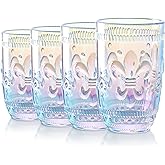 Joeyan Iridescent Drinking Glass Cups,Floral Embossed Romantic Water Tumblers,Vintage Highball Glassware for Juice Beverage Wine Cocktail,Great for Wedding Party Home Daily Use,12.5 oz,Set of 4