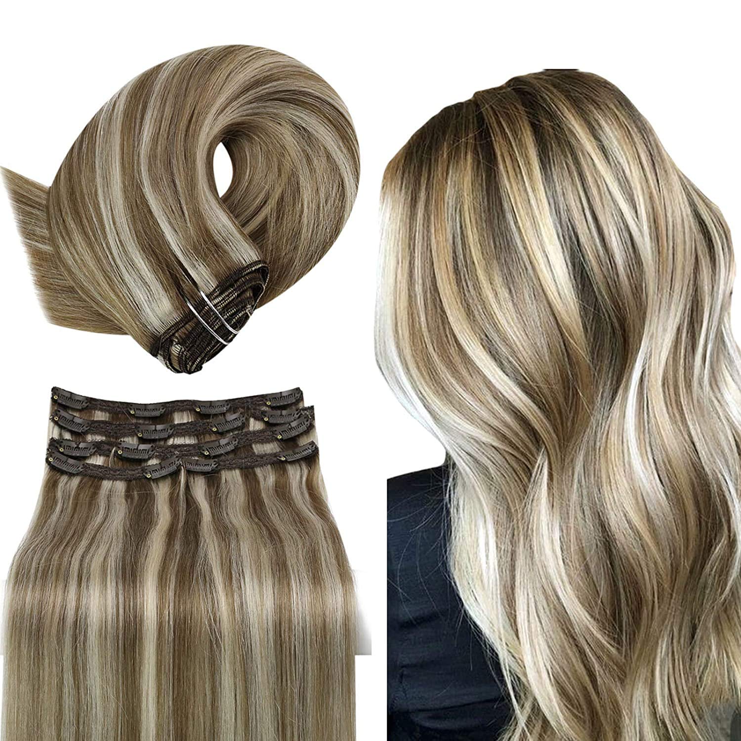 YoungSee 18inch Clip in Human Hair Extensions Light Brown