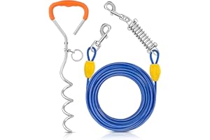 Petbobi Dog Tie-Out Cable and Stake - 30ft Heavy Duty Cable with Spring, No Tangle, 16in Ground Stake, Ideal for Yard, Camping and Beach, Suitable for Small Medium Large Dogs Up to 120 lbs, Blue