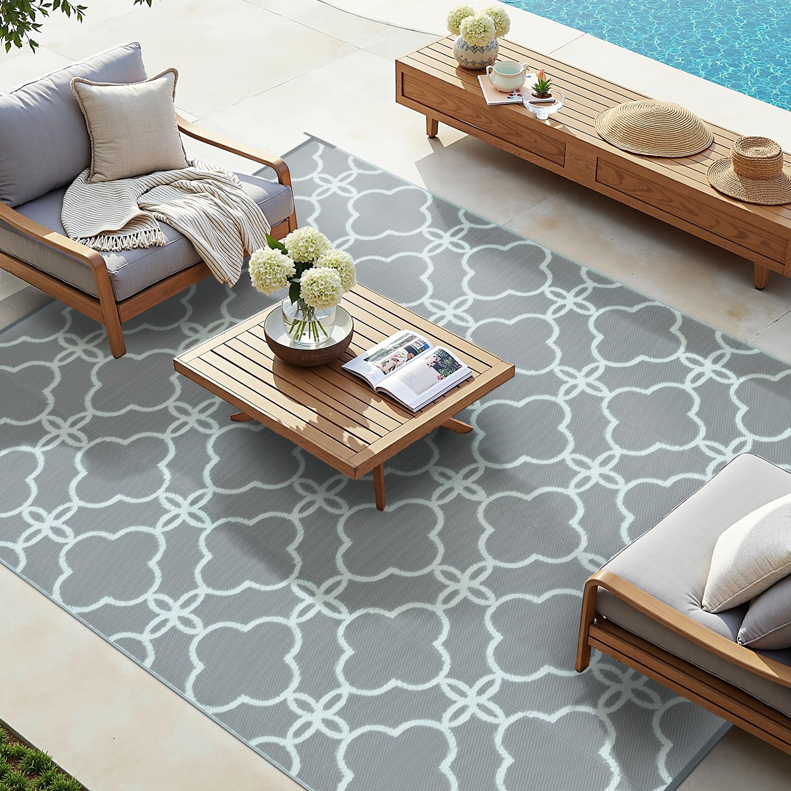 Photo 1 of Ashler Outdoor Rug, Outdoor Plastic Straw Rug, 5x8 Reversible Pale Blue Patio Mat, Flower Modern Design for RV, Backyard, Deck, Camping, Picnic, Spring, Durable & Weather-Resistant Large Area Rug