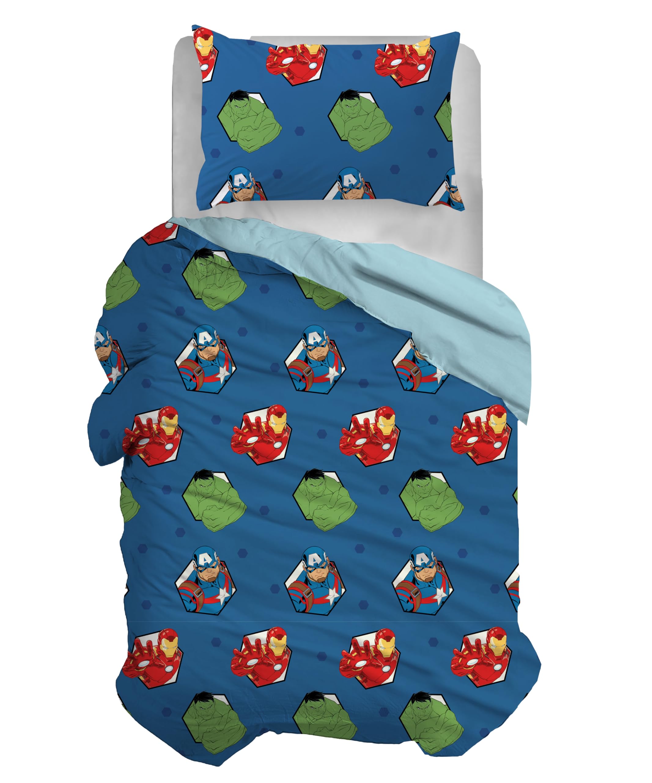 Avengers Single Duvet Cover Set, Cotton, Blue, 155 x 200 cm, Pillowcase 50 x 80 cm, Marvel Disney 100% Cotton Official Product