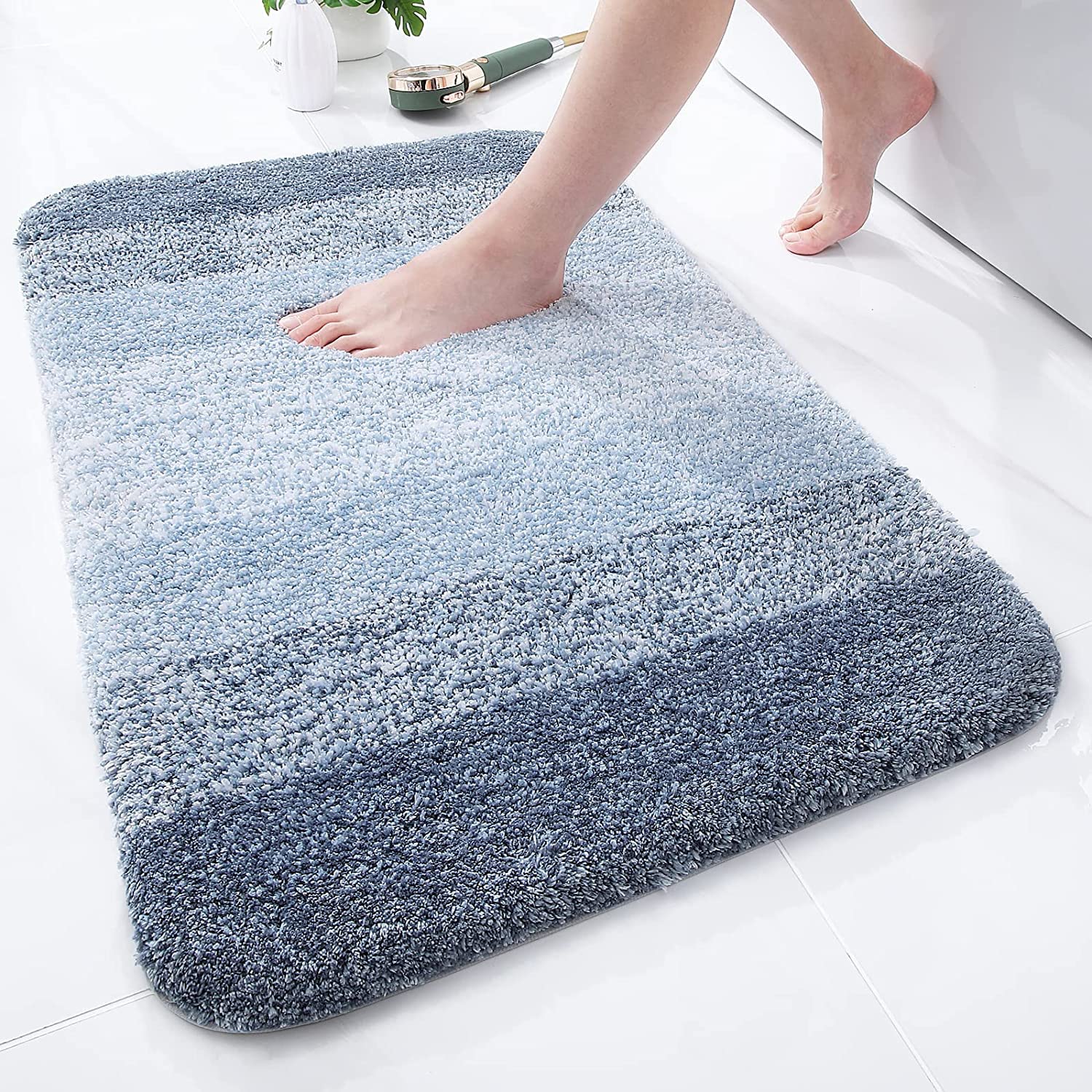 smiry Microfiber Bath Mat, 60 x 90 cm, Non-Slip Super Absorbent Bathroom Mat, Extra Soft Thick Floor Foot Mat, Fluffy Shaggy Bath Mats Rugs for Bathroom, Blue
