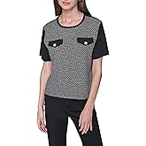 Karl Lagerfeld Womens Short Sleeve Tweed Body Everyday with Two Chest Pockets T-Shirt