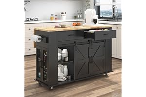 JITEENTAROU 59" Kitchen Island W/Power Outlet&Drop Leaf,Kitchen Rolling Island W/Spice Rack&Towel Rack&Drawers,Kitchen Island Cart W/Sliding Barn Door,Mobile Island Table W/Adjustable Shelves for Dining Room