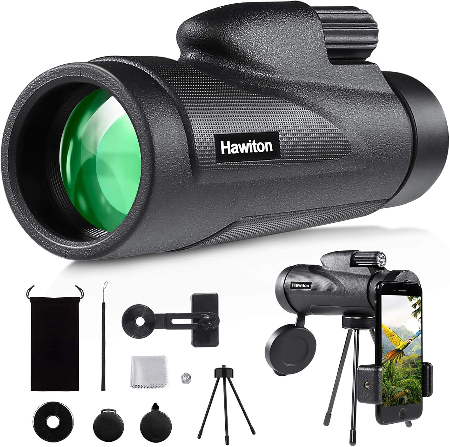 Hawiton Monocular Telescope High Power with Smartphone Holder & Tripod- 12X50 HD FMC Lens & BAK4 Prism Dual Focus Optics Zoom, Low-Light Night Vision Waterproof Monocular Binoculars for Bird Watching: Home Audio & Theater