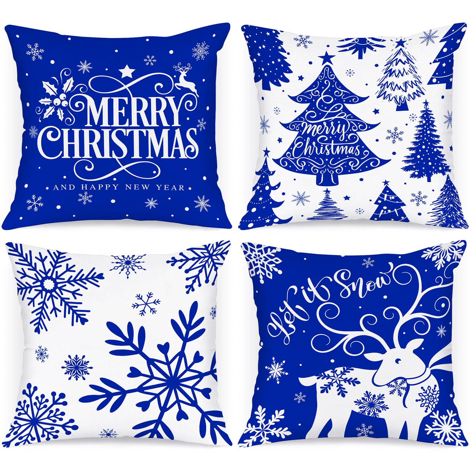Lanpn 40x40 cm Christmas Cushion Covers Set of 4, Cartoon Deer Snowflake Decorative Holiday Pillow Case Pillowcase Cushion 16x16 for Indoor House Sofa Couch Winter Decor (Dark Blue)