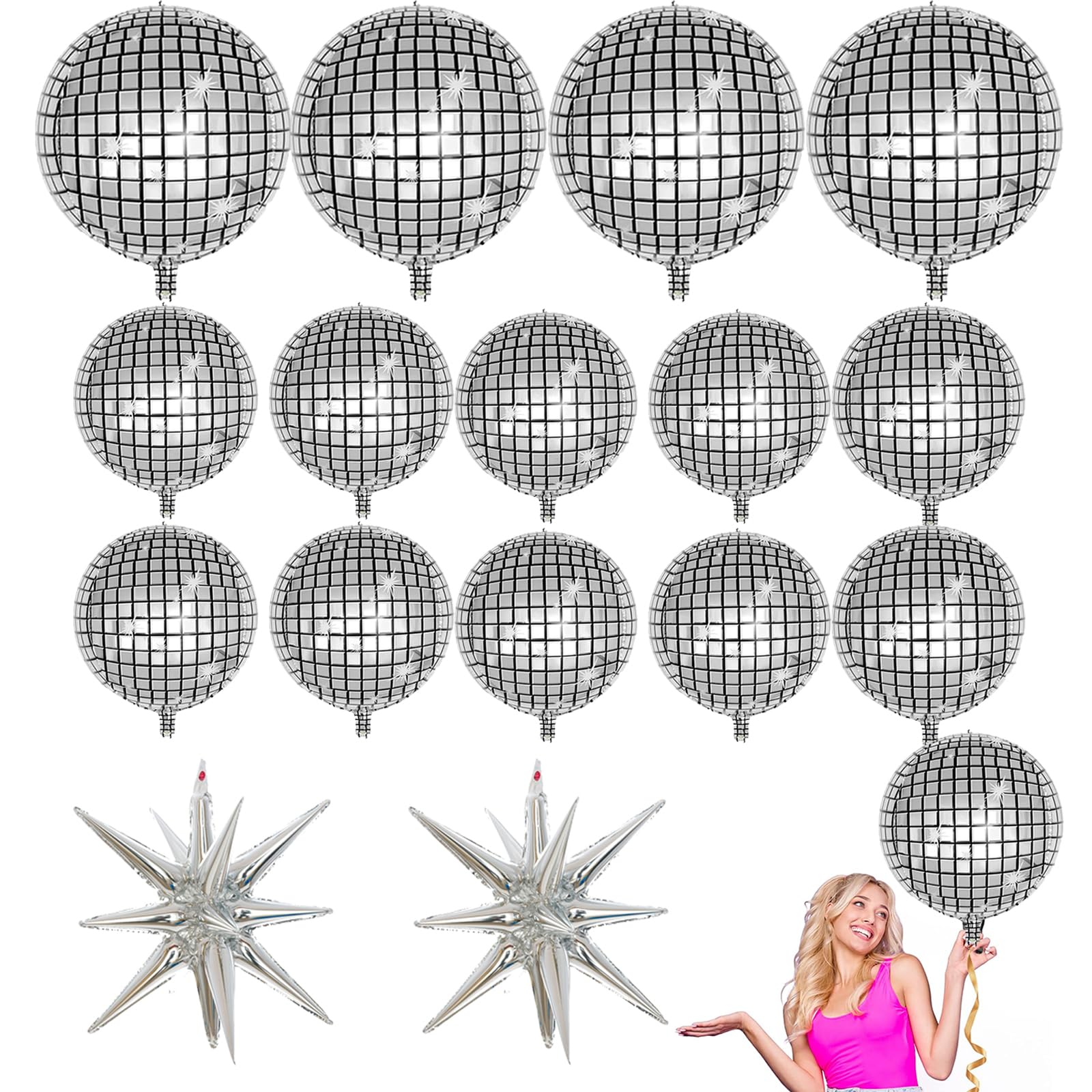 16 PCS Disco Ball Balloons, 4D Disco Balloons,Used for Birthdays, Bachelor Parties, 70s 80s 90s Theme Disco Party Decorations Supplies,Disco Fever Party Decoration (Silvery)