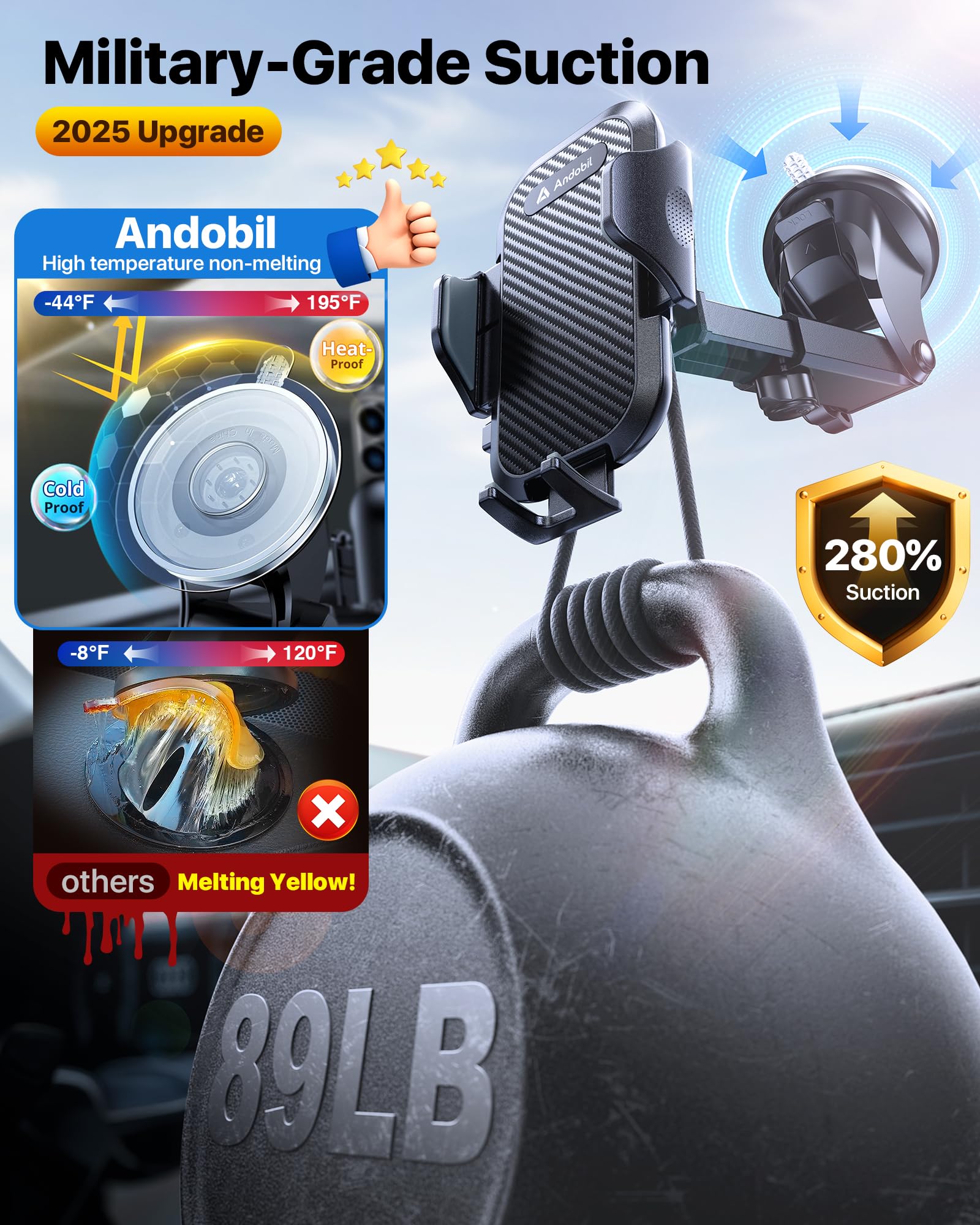 andobil Car Phone Holder, 2025 Military-Grade 89lbs Strongest Suction Phone Holders for Your Car Dashboard/Windshield/Vent Easy Clamp Car Phone Mount Stand for iPhone 17 16 15 14 13 Pro Max Samsung