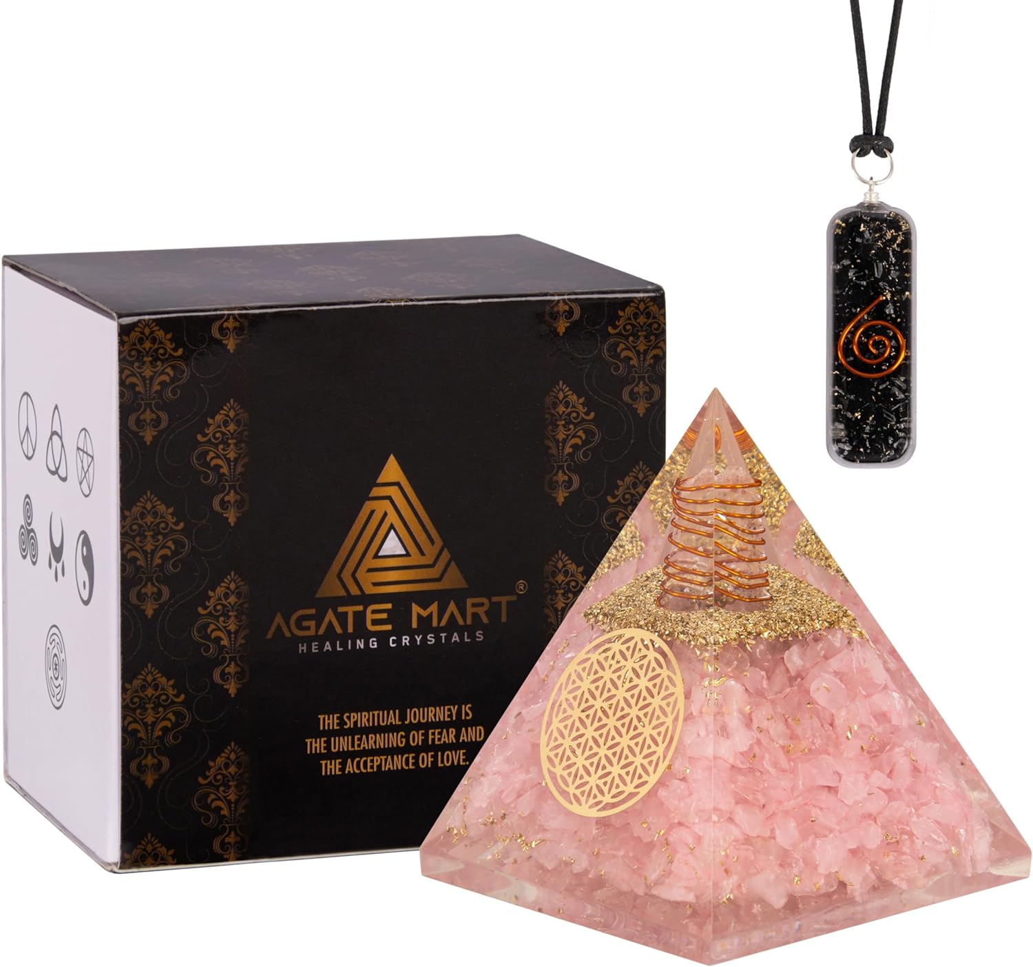 Mixed Media - Agate Mart Rose Quartz Pyramid - Healing Crystals for Success - Amplify Meditation with Orgonite Energy, Includes Black Tourmaline Pendant