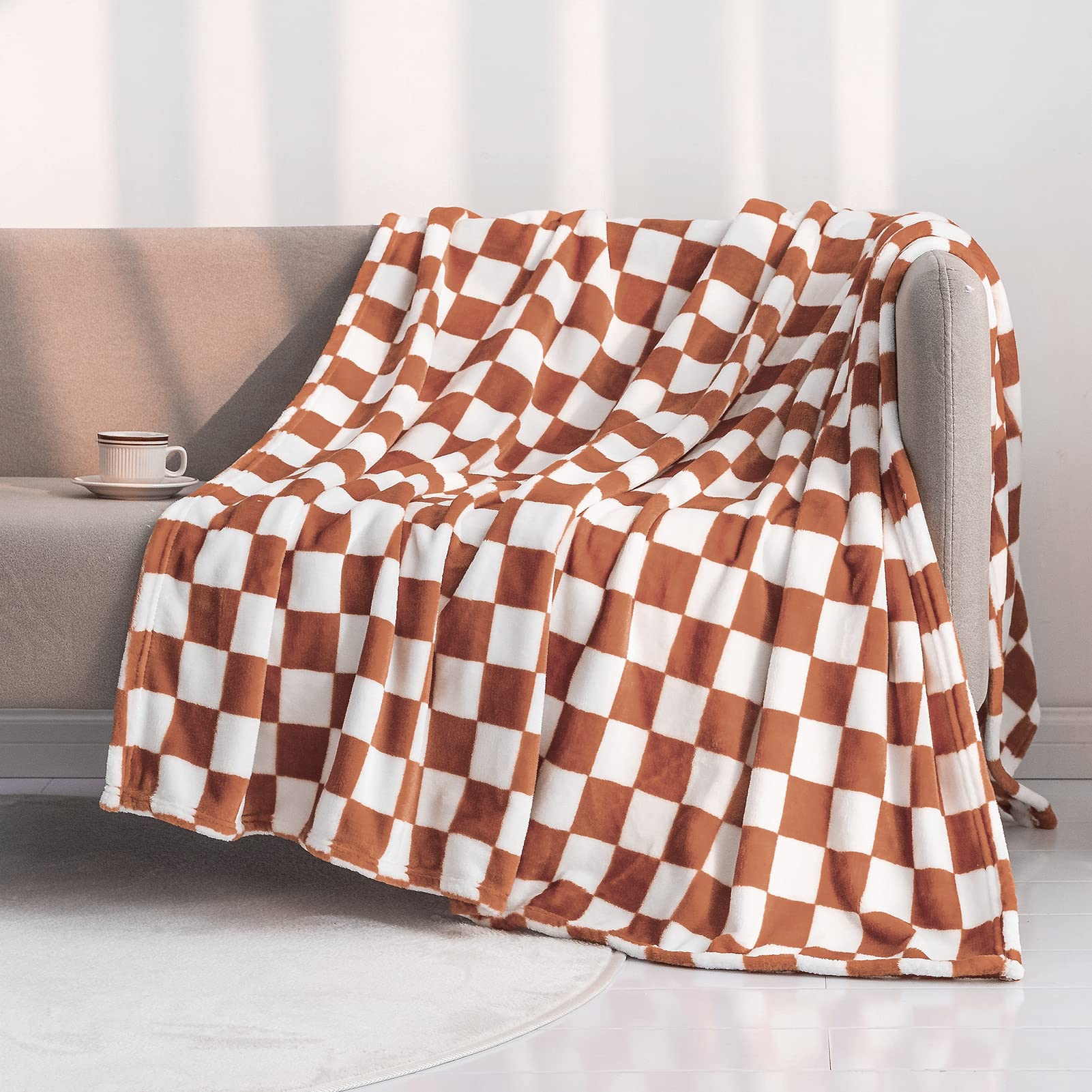 Photo 1 of LOMAO Throw Blankets Flannel Blanket with Checkerboard Grid Pattern Soft Throw Blanket for Couch, Bed, Sofa Luxurious Warm and Cozy for All Seasons (Maple Brown, 60"x80")