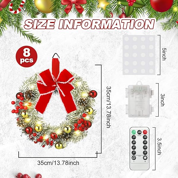 CEENNA 8 PCS LIGHTED CHRISTMAS WREATH 14 INCH PRE LIT ARTIFICIAL CHRISTMAS WREATH WITH BATTERY OPERATED LED LIGHT AND TIMER FOR XMAS FRONT DOOR OUTDOOR WINDOW HOLIDAY PARTY DECOR(RED BOW)