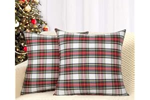 4TH Emotion Set of 2 Christmas Scottish Tartan Plaid Throw Pillow Covers Cushion Case Polyester for Farmhouse Home Decor Red and White, 18 x 18 Inches