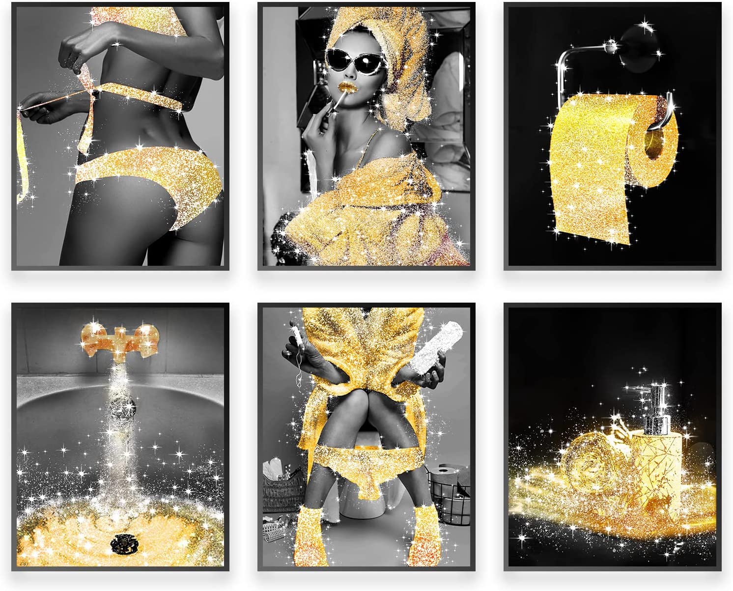 MKHFUW Bathroom Poster of Modern Women, Fashionable Bathroom Wall Decoration, 6-Piece Set, Bathroom Art, Frameless (Golden-4.20 x 25 cm x 6)