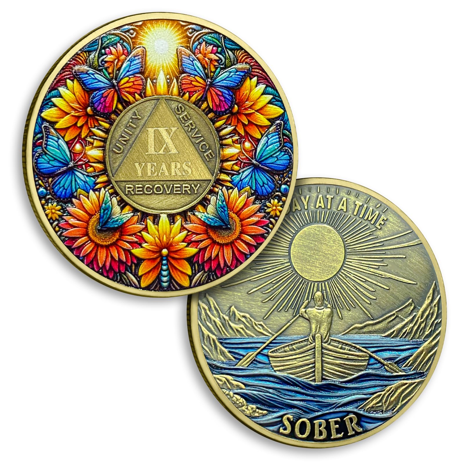 9 Years Sobriety Coin Nine Year Flower Sobriety Coins Butterfly AA Chips and Medallion Sun Chips Recovery Anniversary Token Sobriety Gifts for Men Women Alcoholics Anonymous Gift