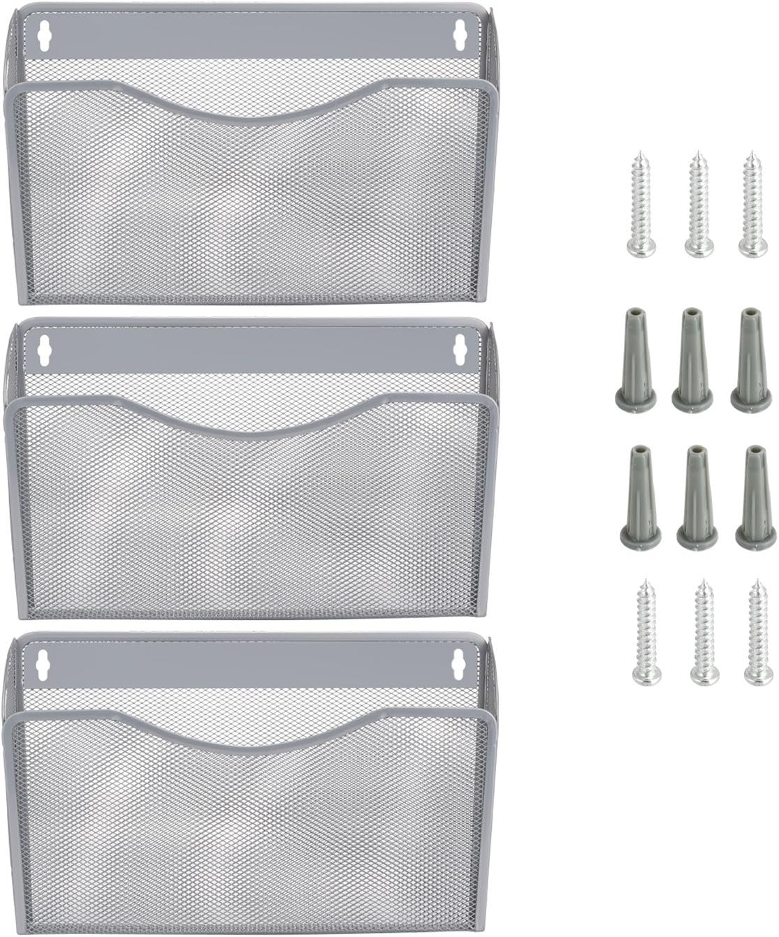Samstar Mesh Wall File Pocket Holder Organizer, Metal Wall Magazine Rack for Home Office, 3 Pack (Silver)