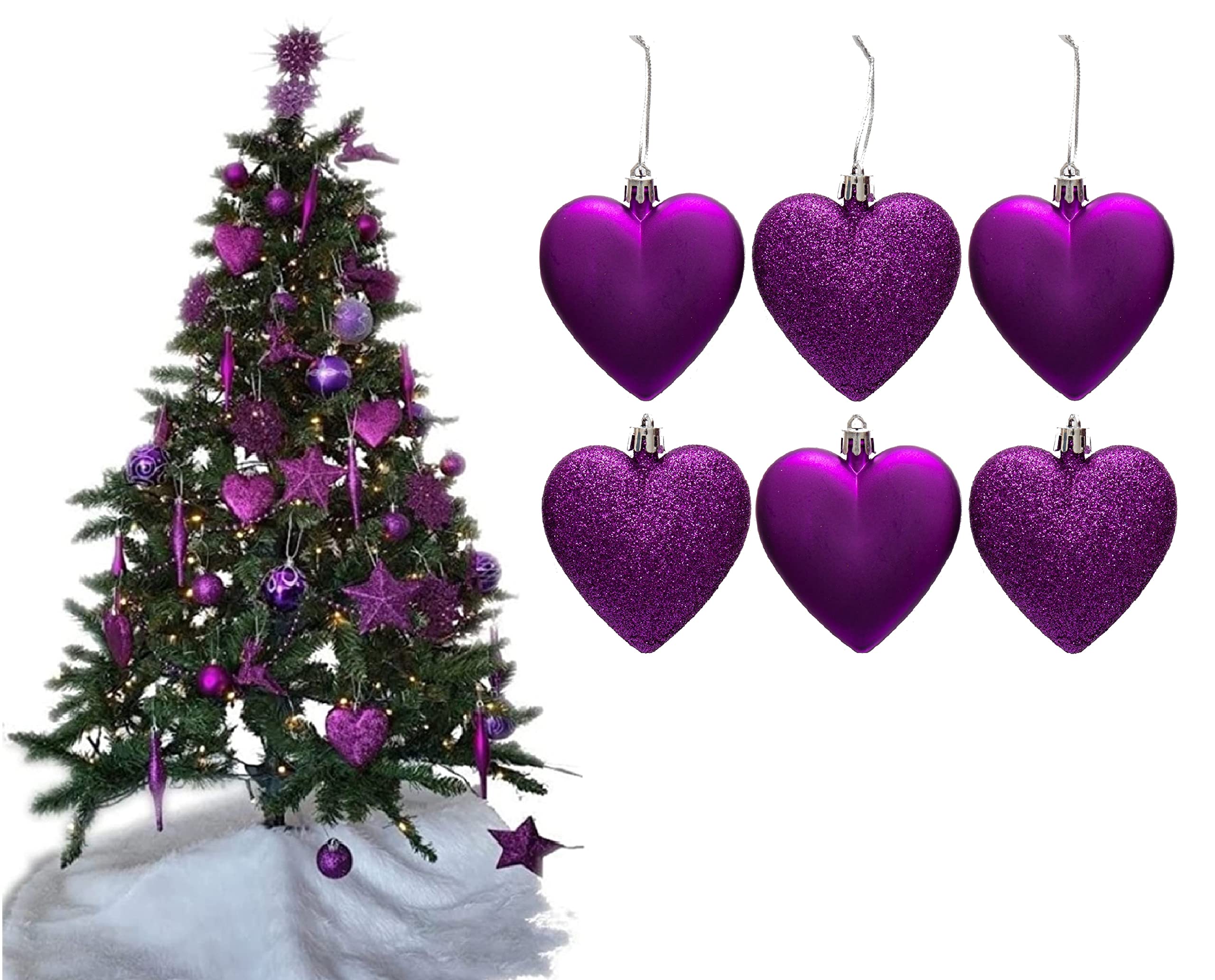 6pc Large Glitter & Matte Heart Baubles - Great Christmas Tree Decorations, Heart Baubles (Dark Purple)