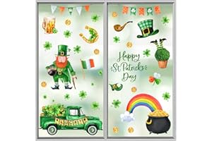 Mfault Happy St Patricks Day Window Clings 9 Sheets, Lucky Shamrock Truck Rainbow Glass Stickers Decals Irish Farmhouse Decoration, Leprechaun Saint Patty Clover Home Kitchen Decor