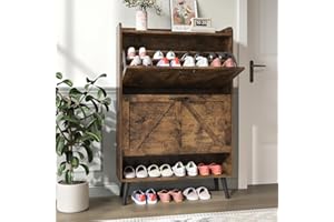 NOVAMAISON Shoe Cabinet Storage with 2 Flip Drawers, Hidden Shoe Cabinet for Entryway Slim, Farmhouse Shoe Organizer with Wood Legs, Narrow Shoe Rack Cabinet, Rustic Brown