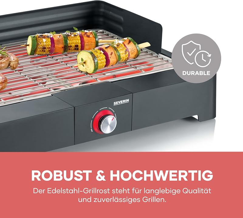 Tischgrill mit Edelstahl-Grillrost für drinnen und draußen, Elektrogrill mit schnellem Grill-Start, Balkon Grill ohne Verbrennungsgefahr, Schwarz, PG 8565