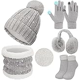 5 Pcs Womens Hat Scarf Gloves Set Winter Fleece Ear Muffs Warm Socks Outdoor Touch Screen Gloves Beanie Skull Cap
