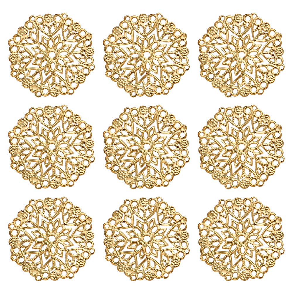 PandaHall 100pcs Iron Filigree Connectors Charms Pendants Round Golden Embellishments for Jewelry Making