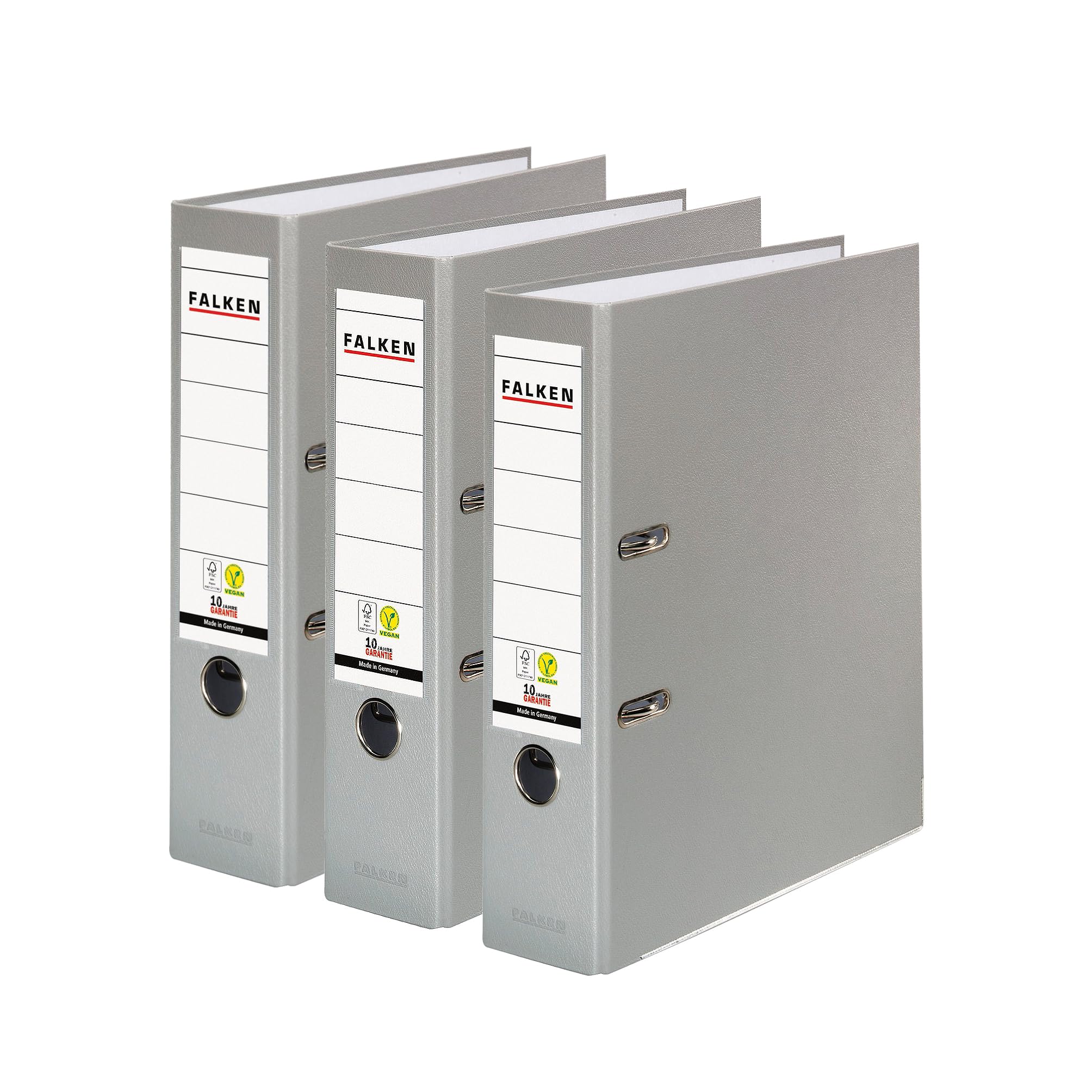 FALKEN Original Pack of 3 Polypropylene Grey A4 Storage Binders, Made in Germany, 8 cm Wide, Vegan Certified