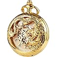 TREEWETO Mens Antique Skeleton Mechanical Golden Pocket Watch Dragon Hollow Hunter with Chain and Box