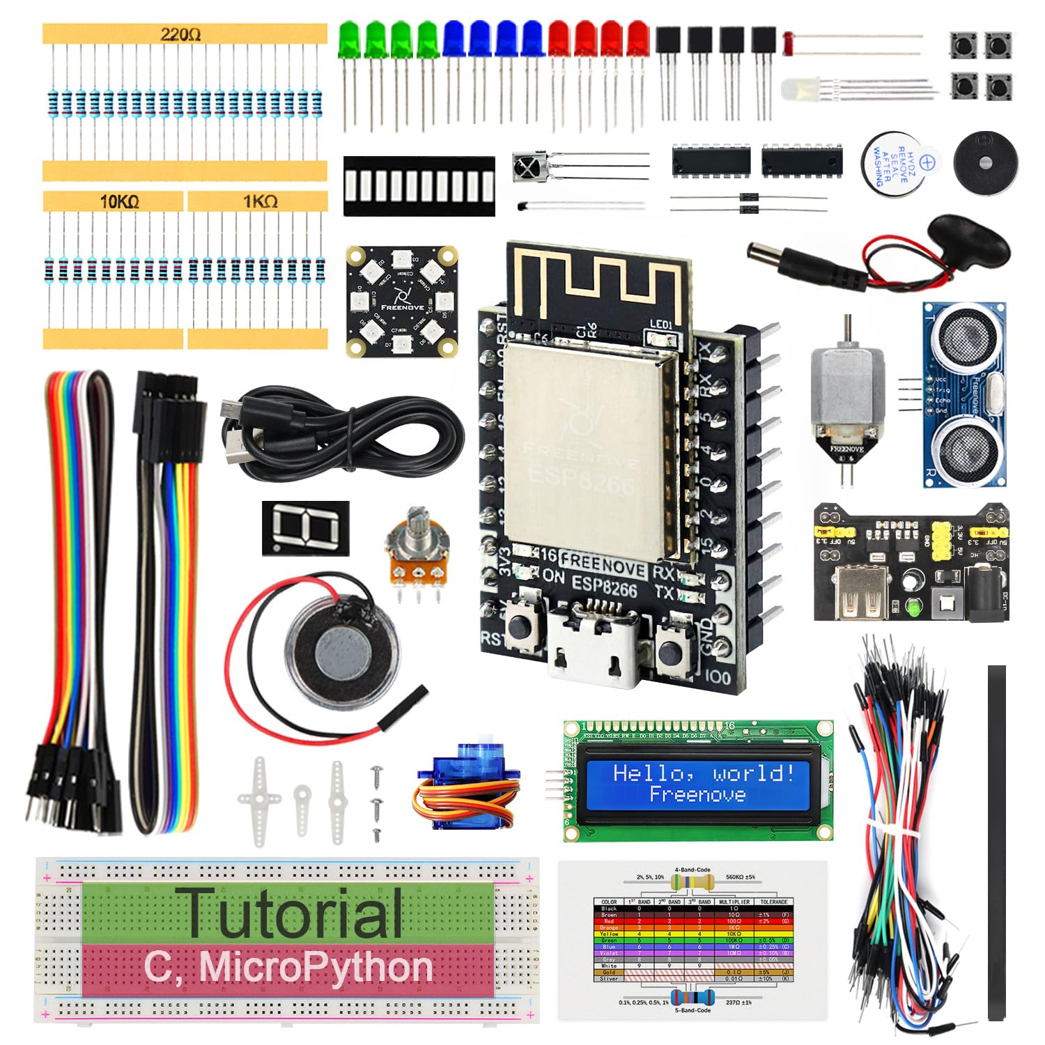 Freenove Super Starter Kit for ESP8266 (Included), 32-bit 160 MHz Mini Microcontroller, Onboard Wi-Fi, Python C Code, 497-Page Detailed Tutorial, 173 Items, 77 Projects