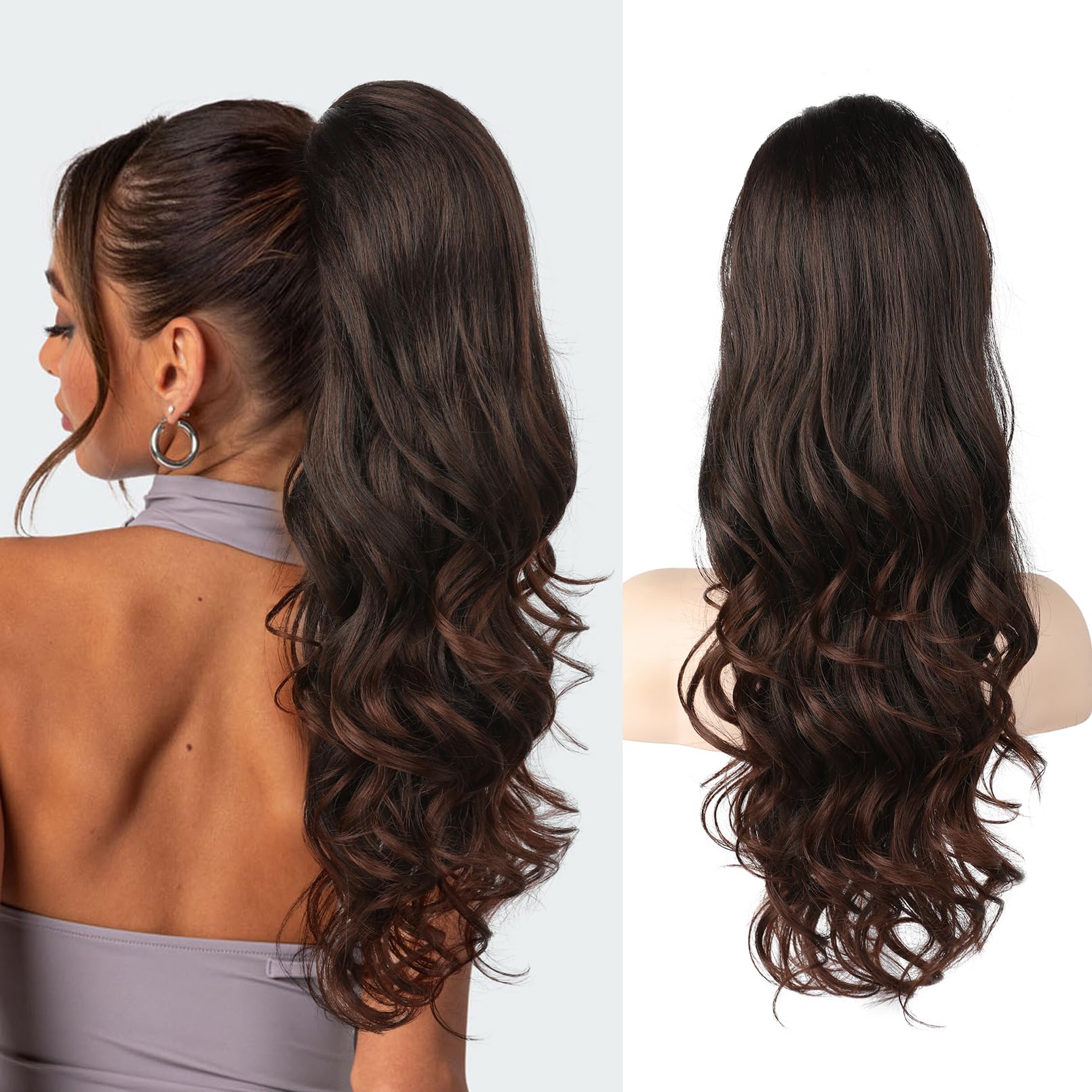 Photo 1 of SEIKEA Ponytail Extension, Protein Silk Hair 22" Long Wavy Curly Drawstring Ponytail, Fluffy Lightweight Soft Touch Smooth Natural Clip in Hair Extensions Ponytail Synthetic Hairpiece Copper