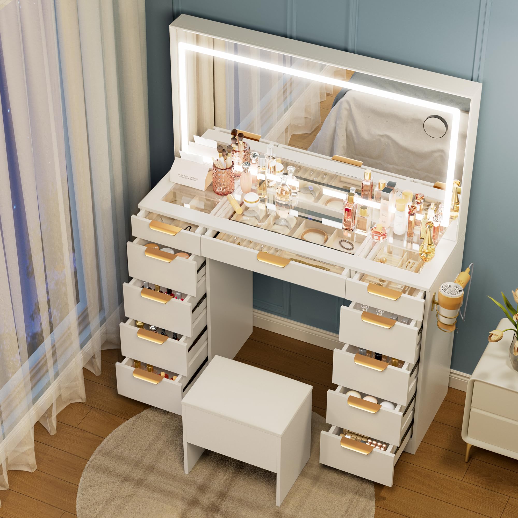 Photo 1 of ******************MIRROR IS BROKEN******************
Pamapic Glass Top Vanity Desk with Mirror and Lights, 11 Drawers Makeup Vanity with Charging Station and Chair, Golden Handles Dressing Table, 3 Lighting Modes Makeup Table, White