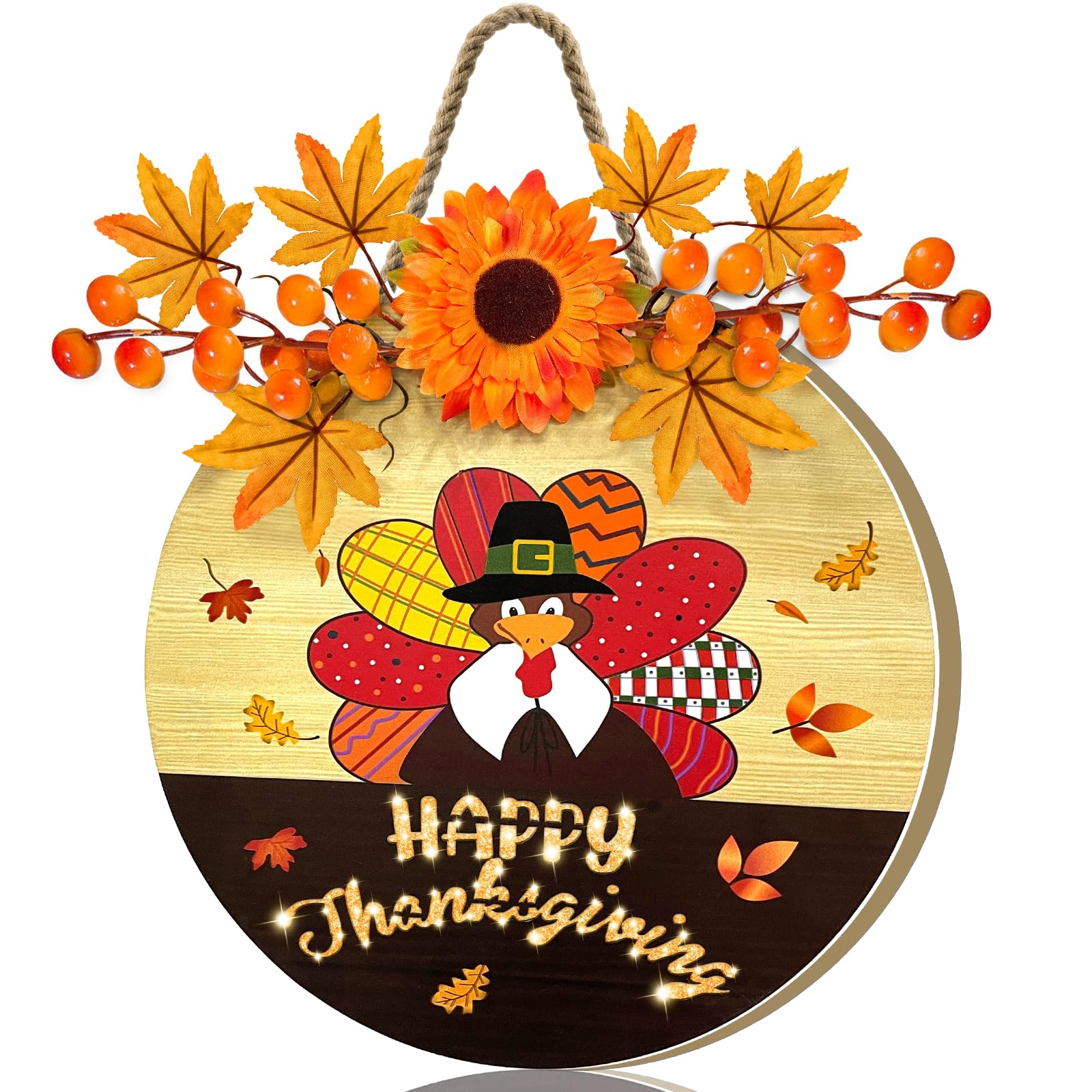 Photo 1 of [ Timer ] Lighted Happy Thanksgiving Wreath Sign for Front Door Decor Turkey Maple Leaves Thanksgiving Wood Hanging Sign Battery Operated Warm Light Thanksgiving Decoration Indoor Outdoor Home