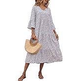 VIISHOW Womens 3/4 Sleeve Casual Bohemian Midi Dress