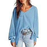 COCCKO Womens Waffle Knit Tops Long Sleeve Shirts V Neck Off Shoulder Oversized Sweater 2025