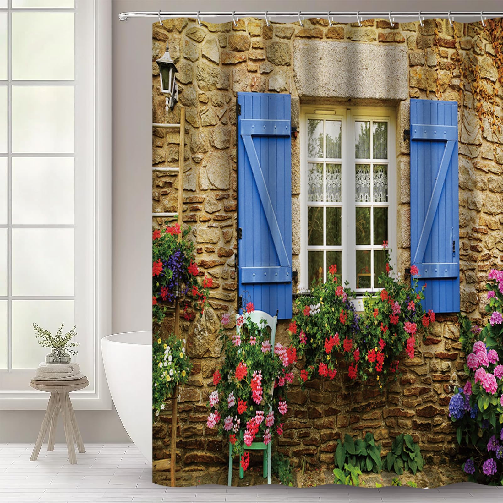 WOWTOY Shower Curtain with 12 Hooks, Waterproof Polyester Fabric Bathroom Bathtub Shower Curtain Liner, Weighted Hem, Washable, Quick Dry (180 x 200cm, Garden 04)