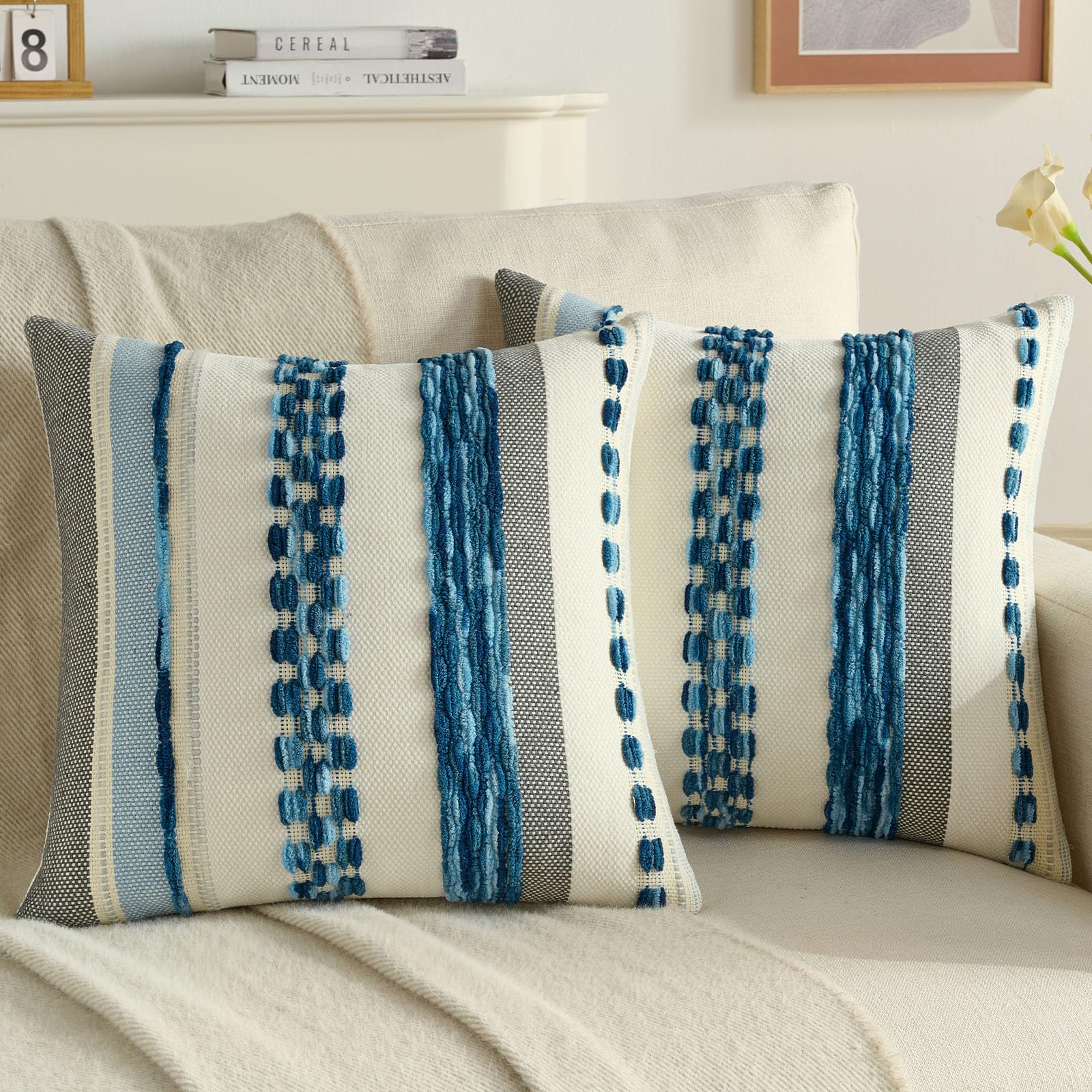 FUTEI Blue Decorative Throw Pillow Covers 18x18 Inch Set of 2, Soft Tufted Striped Textured Accent Cushion Case,Boho Pillows for Couch Decor