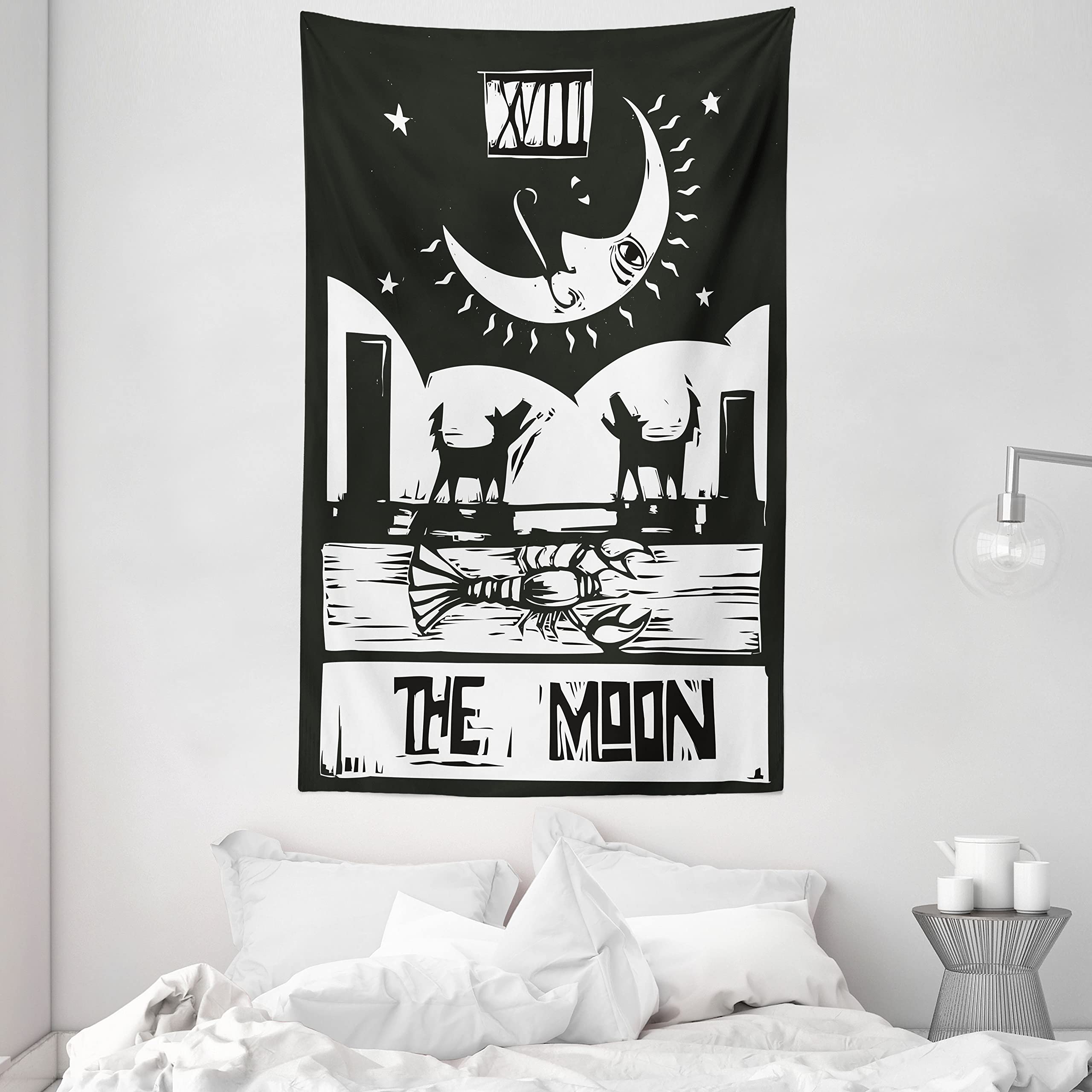 ABAKUHAUS Moon Tapestry, Brown White Drawing Lobster Wolves Crescent Moon Stars Tarot Card Design, Fabric Wall Hanging Decor for Bedroom Living Room Dorm, 54 W X 90 L, Charcoal Grey White