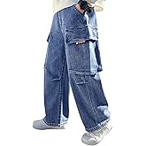 Rolanko Boys Baggy Cargo Jeans, Elastic Waist Wide Leg Y2k Hip Hop Denim Pants Kids Loose Fit Trousers Streetwear