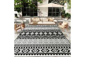 WILDROOTS 8x10 Feet Black and White Plastic Outdoor Rug, Stain Resistant Waterproof Reversible Outdoor Patio Rug, Fade Resistant Camping Rug