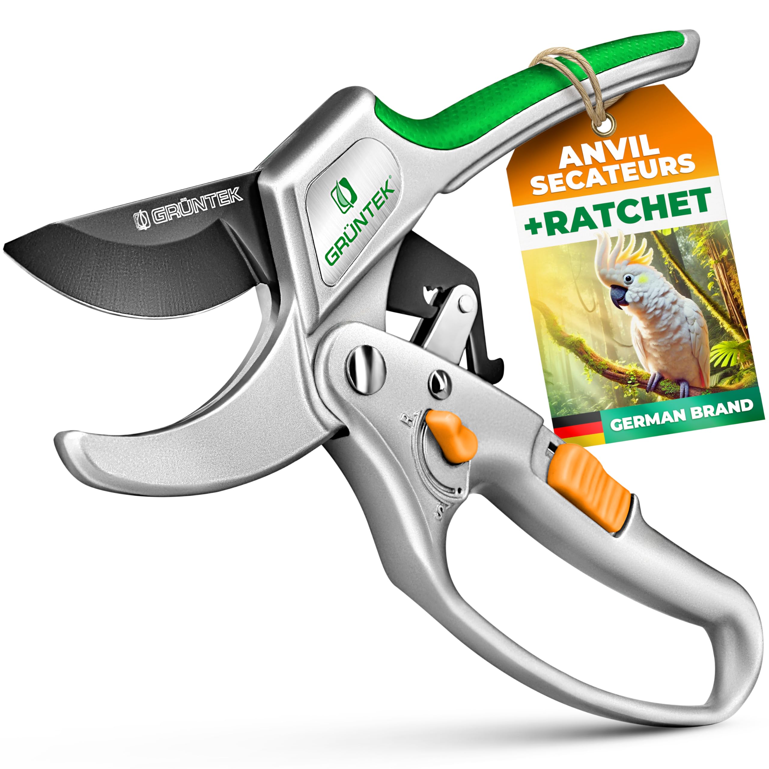 GRÜNTEK Kakadu Ratchet Secateurs – 24 mm Cutting Diameter | On-Off Swivel Ratchet Pruning Shears | Ergonomic Bypass Garden Scissors for Weak or Arthritic Hands – SK5 Blade