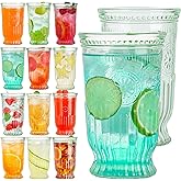 wookgreat Vintage Drinking Glasses, 12 pcs Embossed Designed Highball Glasses, 16oz Glass Cups, Tall Water Glass Tumbler, Mojito Cup, Cocktail Glass, Vintage Glassware Set for Juice, Cocktail, Whiskey